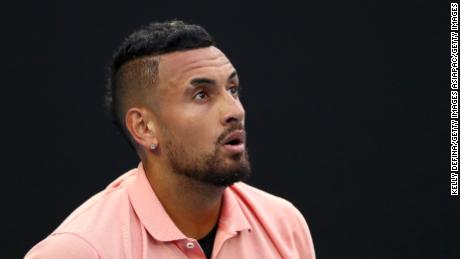 MELBOURNE, AUSTRALIA - JANUARY 27: Nick Kyrgios of Australia looks to the sky during his Men&#39;s Singles fourth round match against Rafael Nadal of Spain on day eight of the 2020 Australian Open at Melbourne Park on January 27, 2020 in Melbourne, Australia. (Photo by Kelly Defina/Getty Images)