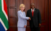 Ambassador Lana Marks with South African President Cyril Ramaphosa after presenting her credentials to the President