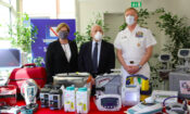 CG Avery with Adm. James Foggo, Commander, U.S. Naval Forces Europe- Africa, and President of the Campania Region Vincenzo De Luca, and some examples of the medical equipment donated