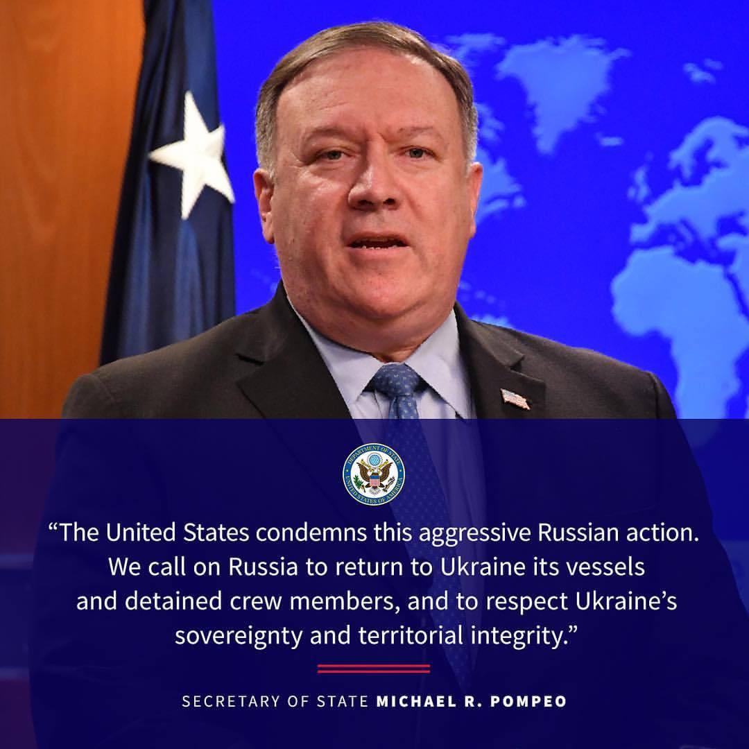 Secretary Pompeo: Reports that Russian vessels rammed and fired on the Ukrainian ships, injuring Ukrainian crewmen, before seizing three vessels, represent a dangerous escalation and a violation of international law.
The United States condemns this...