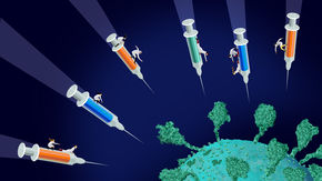 An illustration depicting vaccines heading toward the coronavirus. Scientists ride on top of the shots