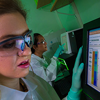 Scientist looking at a monitor.