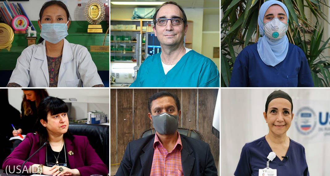 Six close-ups of men and women, three wearing masks (USAID)