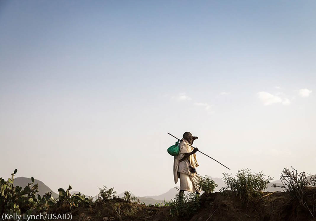 Man on hill holding walking stick (Kelly Lynch/USAID)
