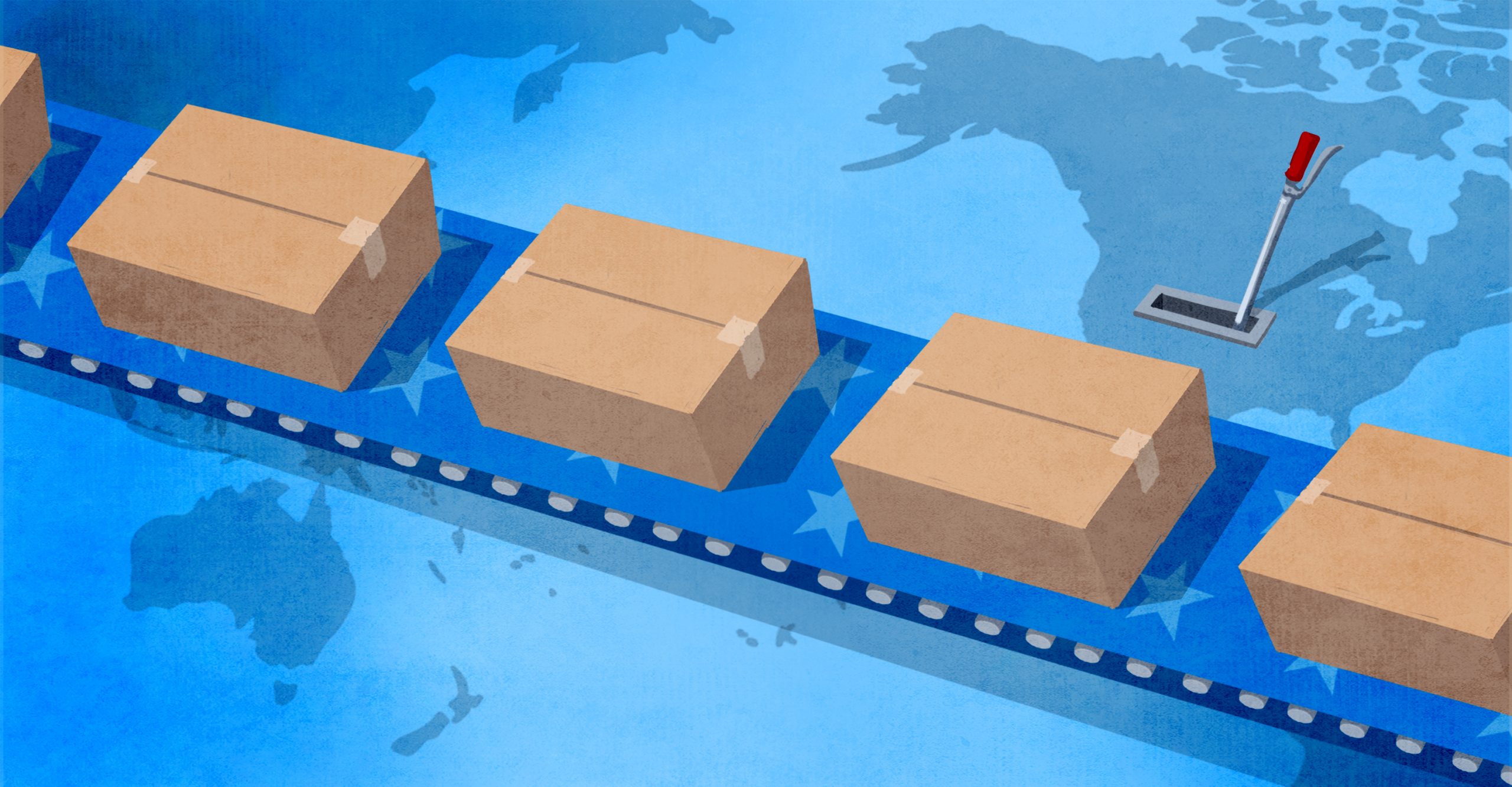 Illustration of conveyor belt moving boxes over map of the globe (State Dept./D. Thompson)