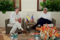 Date: 09/26/2016 Description: John Kerry sits with Colombian President Juan Manuel Santos at the Casa de Marques de Valdehoyos in Cartagena, Colombia as he visits the country to witness a peace ceremony between the government and the Revolutionary Armed Forces of Colombia (FARC) that ends a five-decade conflict. - State Dept Image