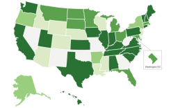 Map of United States featuring varying shades of green across the 50 states