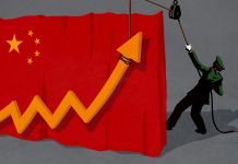 Illustration of uniformed person hoisting an economic indicator arrow from behind a curtain made of the Chinese flag (State Dept./D. Thompson)