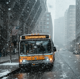 City bus driving down a street in the snow