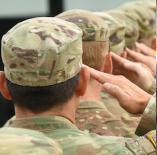 A line of soldiers facing away from the camera and saluting