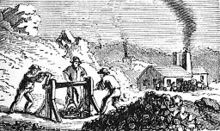 A black-and-white drawing of men working in a mine