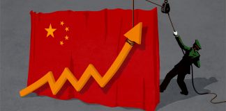 Illustration of uniformed figure hoisting an arrow representing profitability of Chinese p