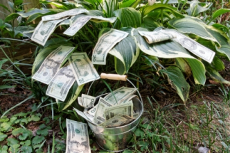 Pail with money overflowing onto the grass (Copyright IStock).