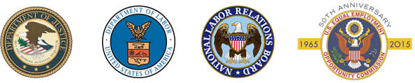 logos for DOJ, DOL, NLRB, and EEOC