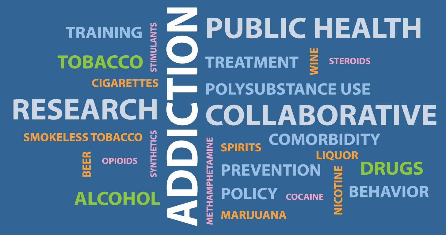 The home page graphic featuring a simulated word cloud showing various aspects of collaborative addiction research.