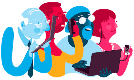 Illustration depicting a colorful group of people using an array of mobile devices