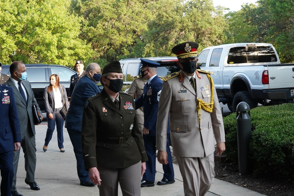 Major General Abdelraouf A. Moussa Mohamed, the Defense Attache of the Arab Republic of Egypt to the United States, and Major General Tracy R. Norris, the Adjutant General of Texas, meet at Camp Mabry in Austin, TX on August 24, 2020. The delegation was received at the start of a week of events dedicated to the new state partnership between Texas and the Arab Republic of Egypt. (U.S. Army photo by Charles E. Spirtos)