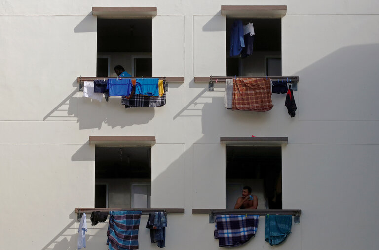 A dormitory for migrant workers in Singapore. The crowded living spaces, shown here in May, resulted in a coronavirus infection rate of nearly 50 percent. 