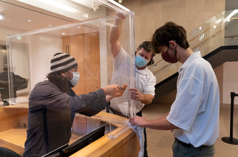 Installing a protective barrier this month at the Ukrainian Museum in the East Village of Manhattan. 