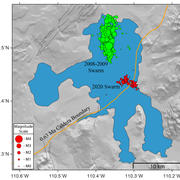 Map of Yellowstone Lake seismic swarms in 2008-2009 and 2020