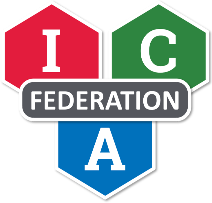 Three hexagons with the letters I in red, C in green, and A in blue, with a gray banner for Federation.