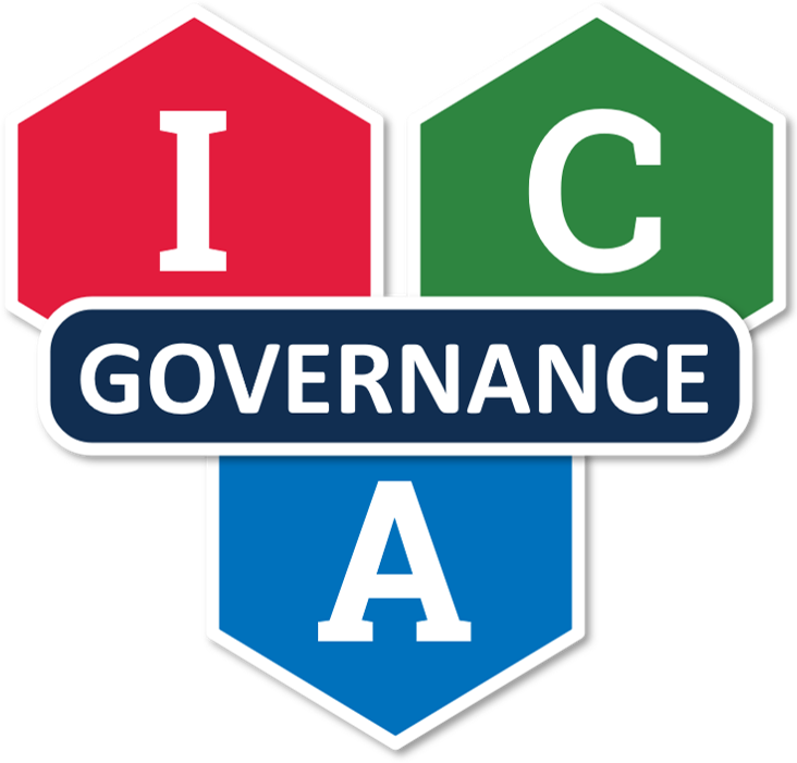 Three hexagons with the letters I in red, C in green, and A in blue, with a navy banner for Governance.