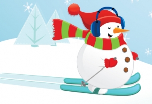 A cartoon snowman on snow skis wearing earmuffs.