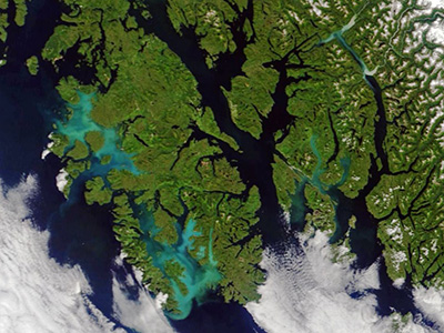 Milky blue water in this satellite view of Prince of Wales Island, AK is thought to be caused by a bloom of non-toxic phytoplankton known as coccolithophores. Credit: NASA