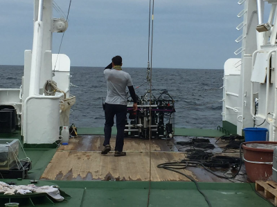 Deploying instruments in the Yangtze River plume. River plumes are generated by the flow of buoyant river water into the coastal ocean, where it impacts the properties and circulation of seawater. Credit: Joaquin Goes (Columbia University)