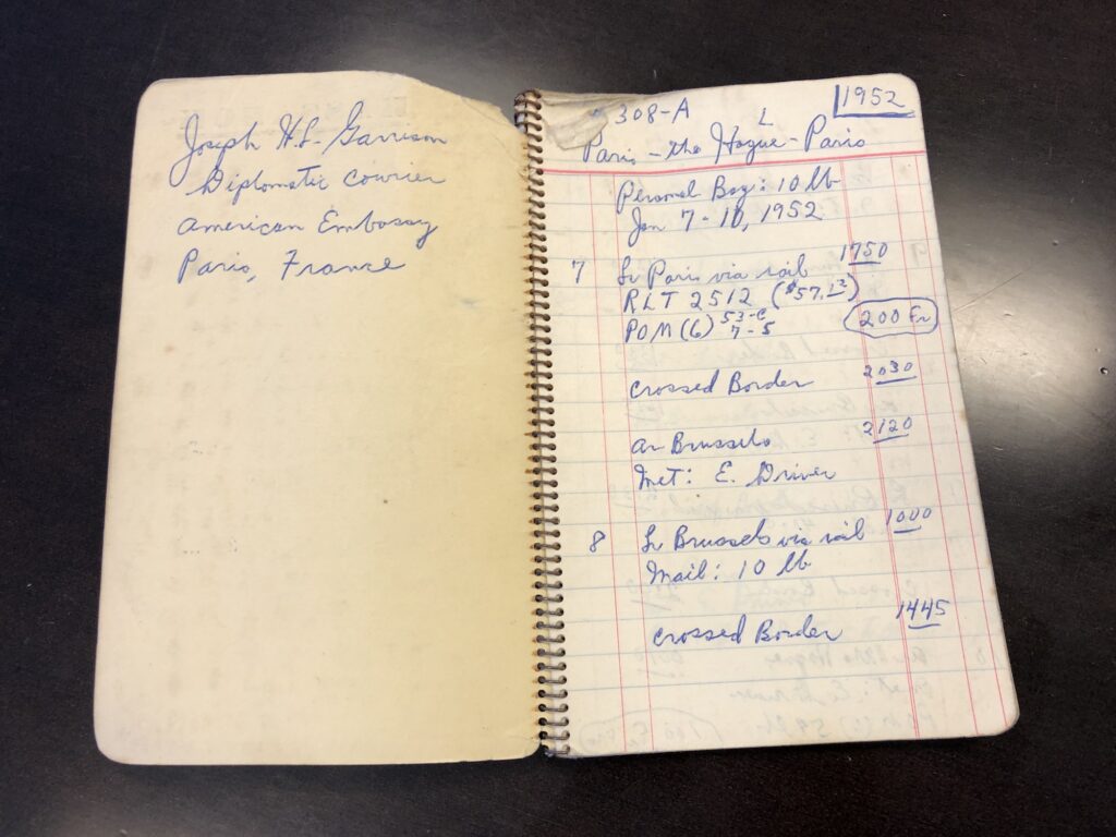 This notebook was used by Garrison during his travels to keep track of his arrival times, travel expenditures, and other details related to his work.