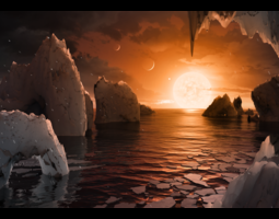 This artist's concept by Tim Pyle allows us to imagine what it would be like to stand on the surface of the exoplanet TRAPPIST-1f, located in the TRAPPIST-1 system in the constellation Aquarius.