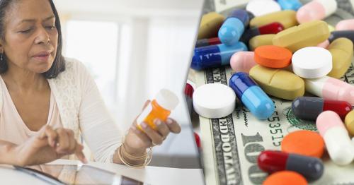 Photo of senior woman reading label on medicine bottle next to photo of multiple pills strewn out across a pile of money.