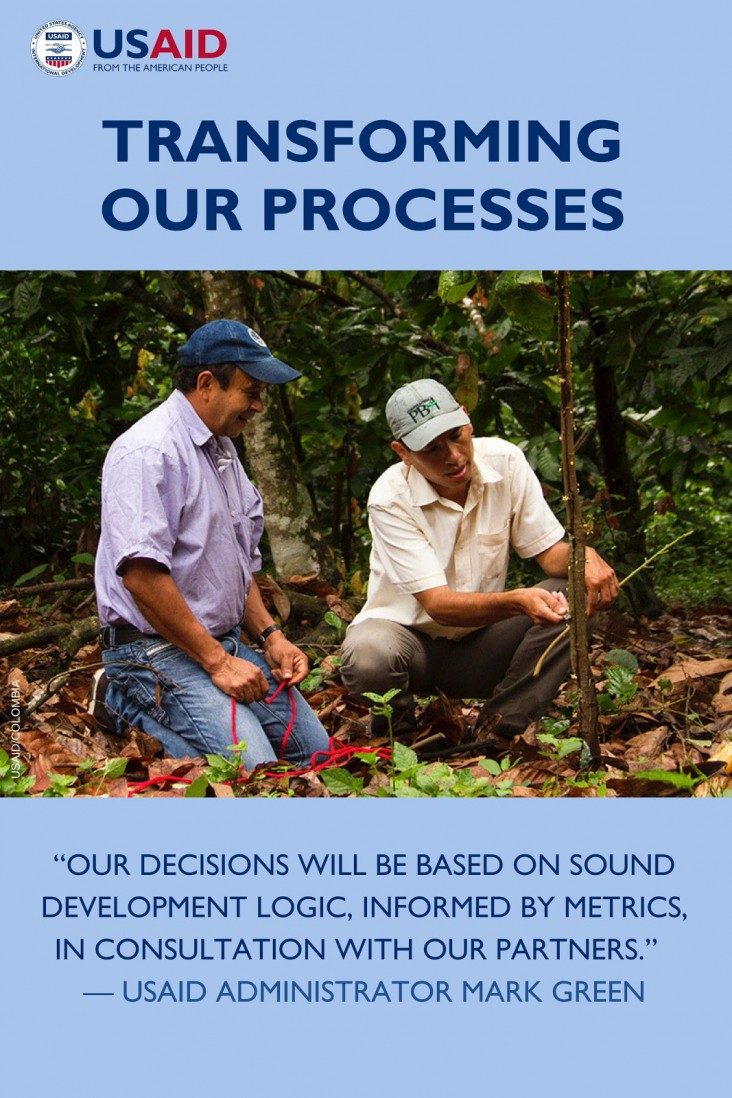 Photo of two men inspecting trees with text Transforming Our Processes