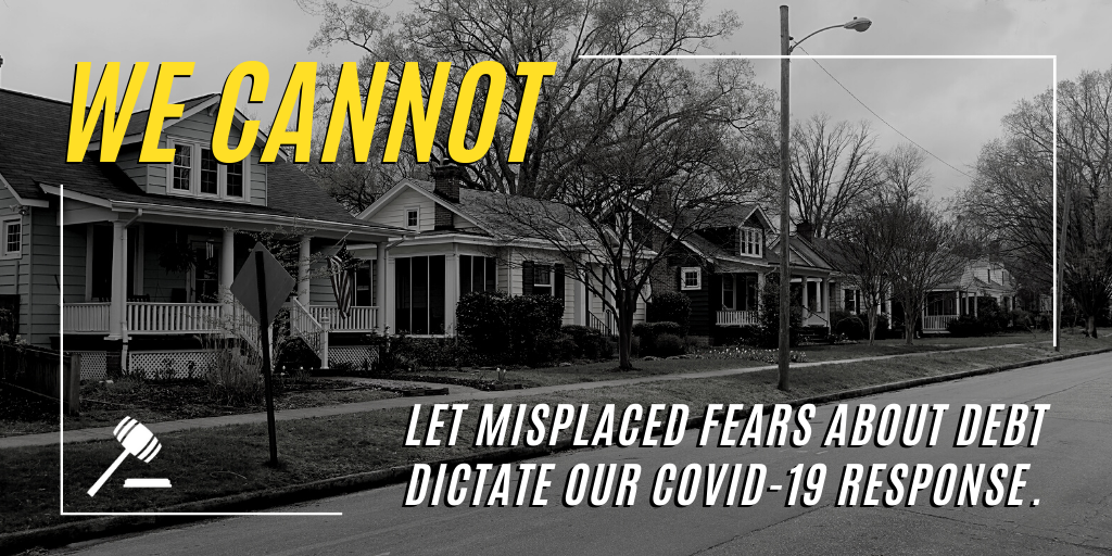 A black and white photo of an American street lined with small houses with a text overlay.