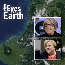 Color image of satellite image and two guests of the USGS EROS Eyes on Earth podcast