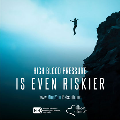 Person cliff diving. Text: high blood pressure is even riskier