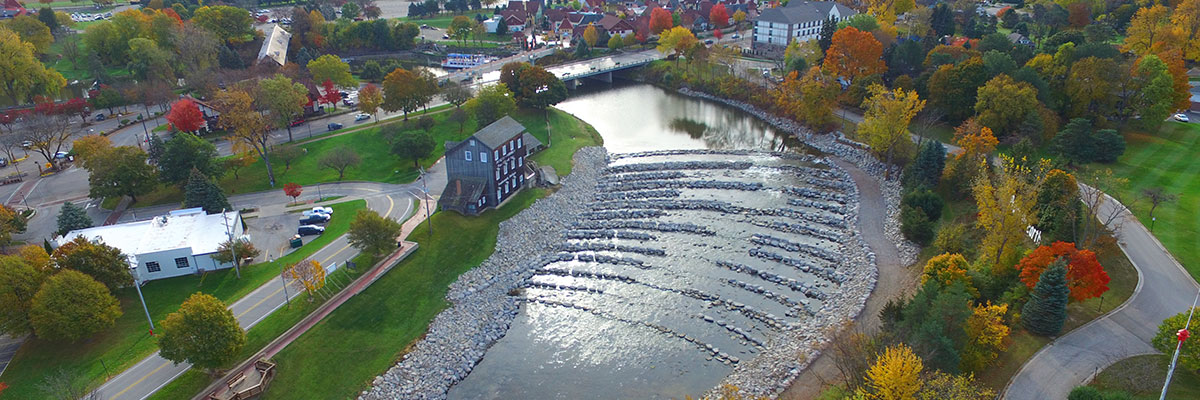 aerial view of Frankenmuth aerial dam project