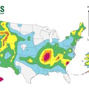 Seismic hazard map of U.S. with colored contours