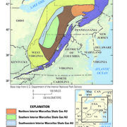 Image shows a map of the Eastern United States with the boundaries of the Marcellus Shale superimposed
