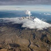 Post-1980 Mount St. Helens with view of Mt Hood to the left. Picture taken looking in southerly direction.