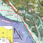 Map illustration showing fault lines and direction of tectonic plate movement along a stretch of the Alaskan coastline.