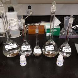 Five glass beakers on a lab table
