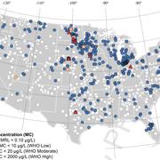 Map of the 48 contiguous states showing Microcystin concentrations