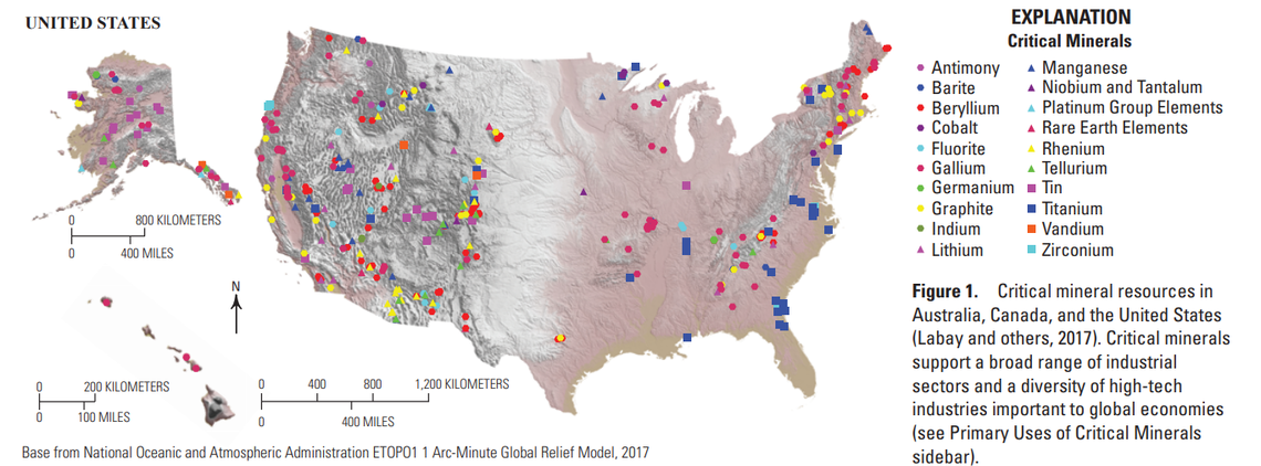 Image shows a map and key of the United States with mineral locations marked with colored shapes