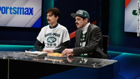 SATURDAY NIGHT LIVE -- &quot;Timothée Chalamet&quot; Episode 1793 -- Pictured: (l-r) Host  and host Timothée Chalamet as $mokecheddathaassgetta during the &quot;Sportsmax&quot; sketch on Saturday, December 12, 2020 -- (Photo By: Will Heath/NBC/NBCU Photo Bank via Getty Images)