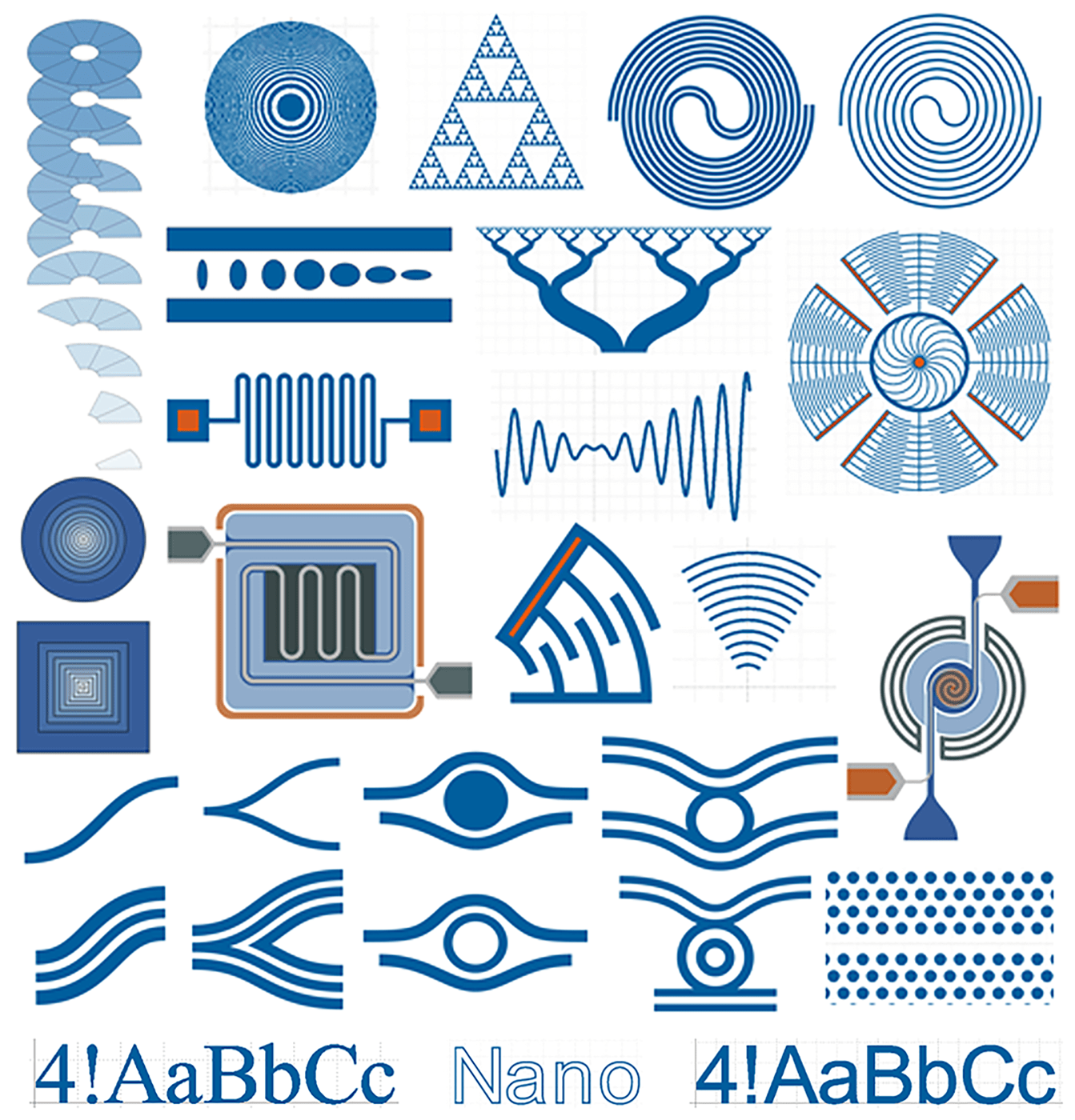 Illustrative subset of parameterized shapes available for nanoscale photonic, electronic, mechanic, fluidic, and other applications.