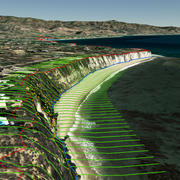 Cliff feature outputs from the algorithm are shown as colored dots and lines on a 3-dimensional rendering of a coastal cliff.