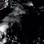 An animated gif showing a satellite image of Tropical Storm Isaias off the eastern coast of Florida