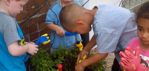 Children planting herbs for their edible planter outside of Fun Time Child Care