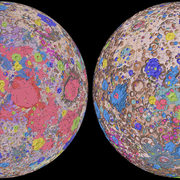 Orthographic projections of the “Unified Geologic Map of the Moon” showing the geology of the Moon’s near side (left) and far si